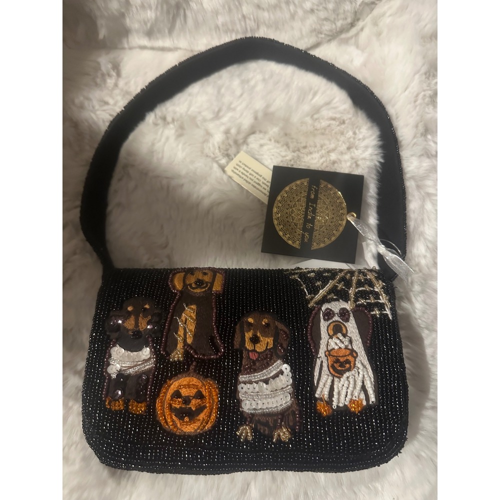 Beaded Halloween Dachshund Shoulder Bag Black Weenie Dog Ghost Pumpkin Purse NWT